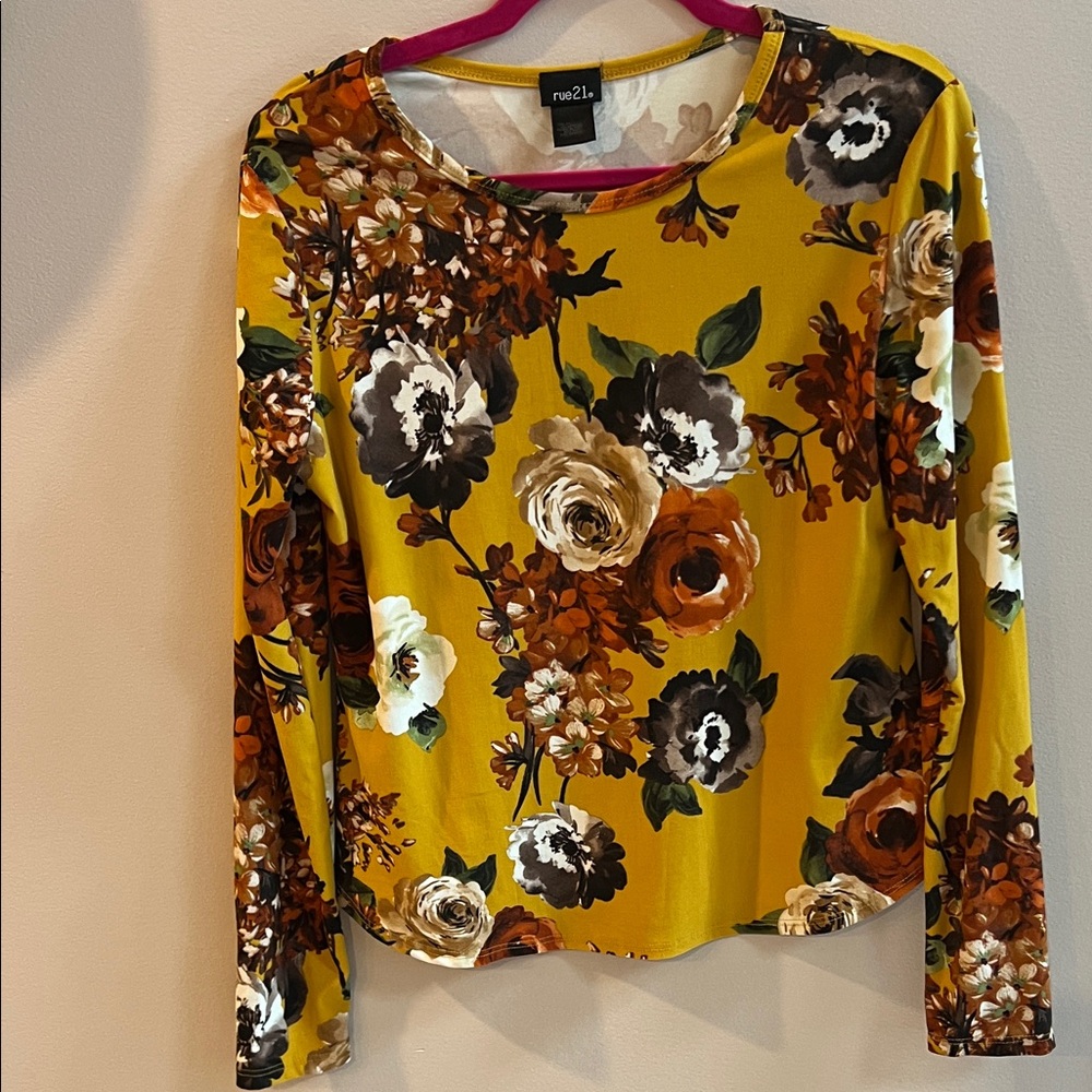 Rue21 Mustard Floral Long Sleeve Super Soft Top